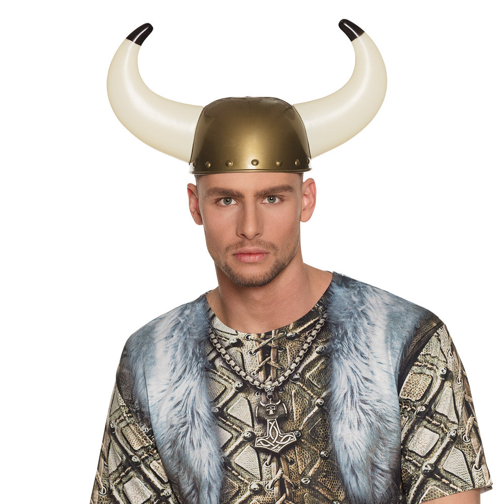 Viking helmet Gudrik for adults with detachable horns, made of polypropylene and polyethylene, displayed with hangtag packaging.