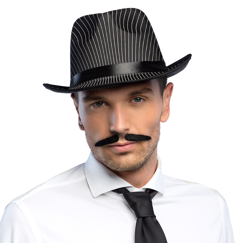Black polyester gangster moustache costume accessory for men, 1920s flapper style, ideal for adult party or cosplay.