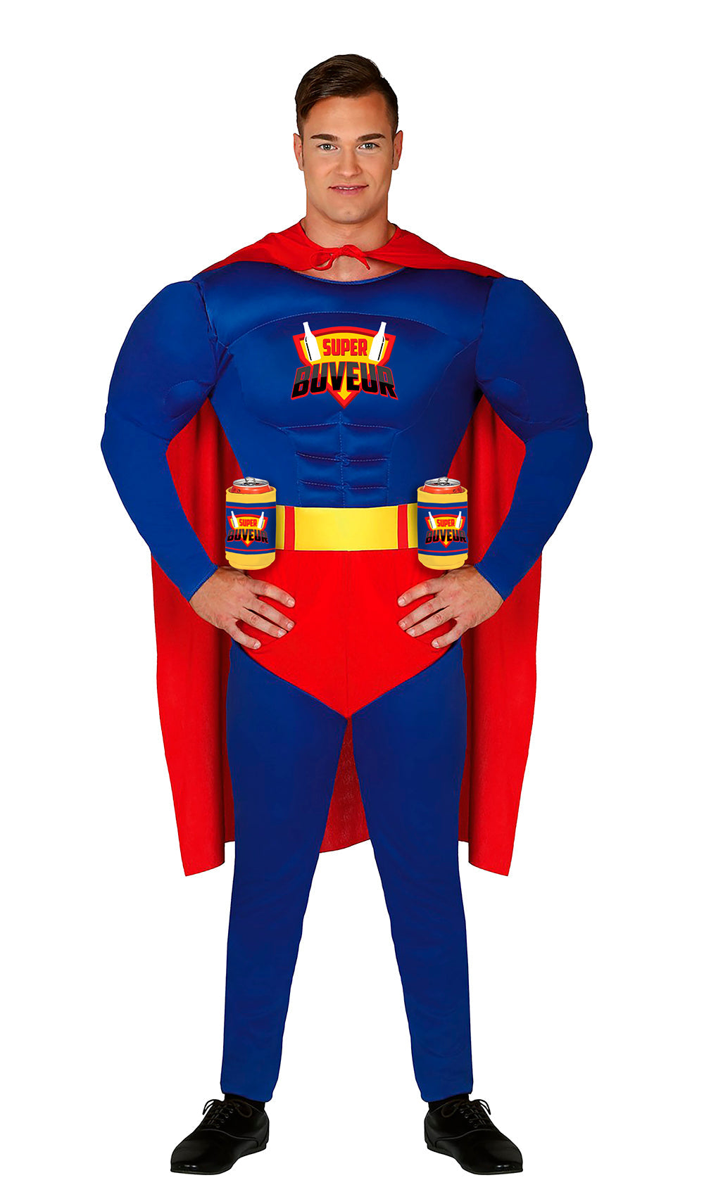 Déguisement Super Buveur Homme - Cape, Ceinture, Combinaison et Porte-Gobelet