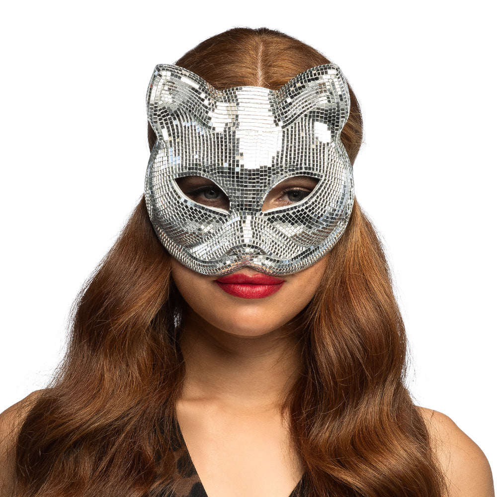 Demi-Masque Disco Cat Argent – Accessoire Déguisement Félin Disco & Soirée Élégante