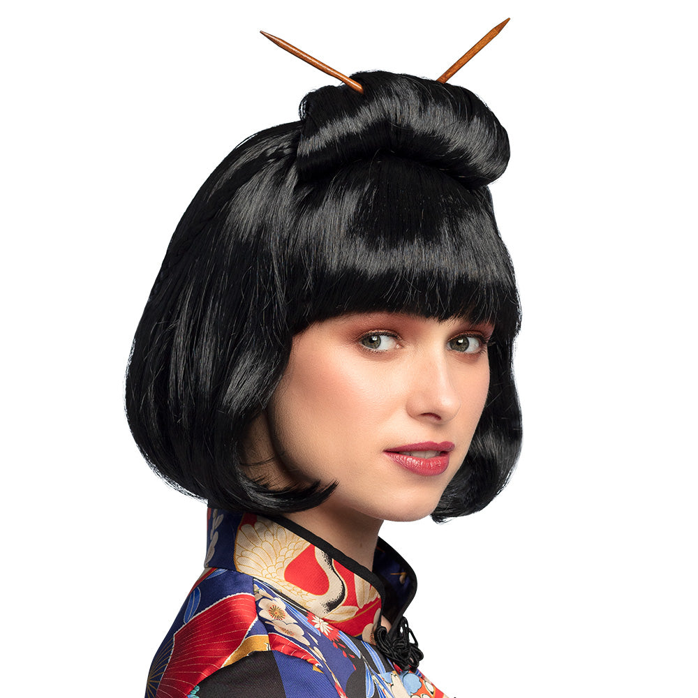 Perruque Geisha Noire avec Baguettes – Déguisement Japonais & Soirée Orientale