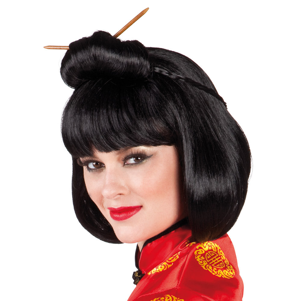 Perruque Geisha Noire avec Baguettes – Déguisement Japonais & Soirée Orientale