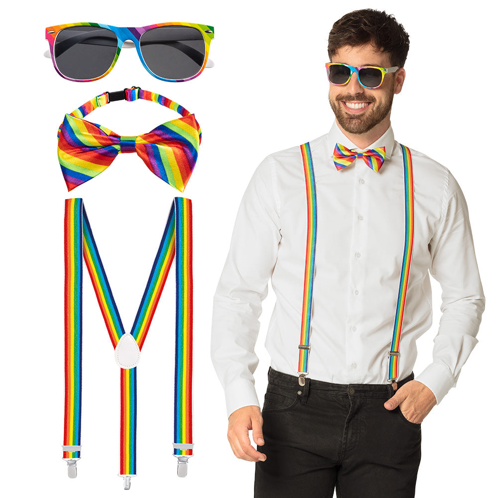 Set Accessoires Arc-en-Ciel Lunettes Bretelles Nœud Papillon – Déguisement Festif & Anniversaire