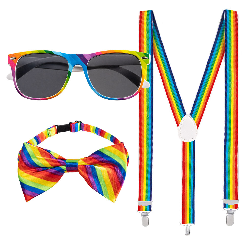 Set Accessoires Arc-en-Ciel Lunettes Bretelles Nœud Papillon – Déguisement Festif & Anniversaire