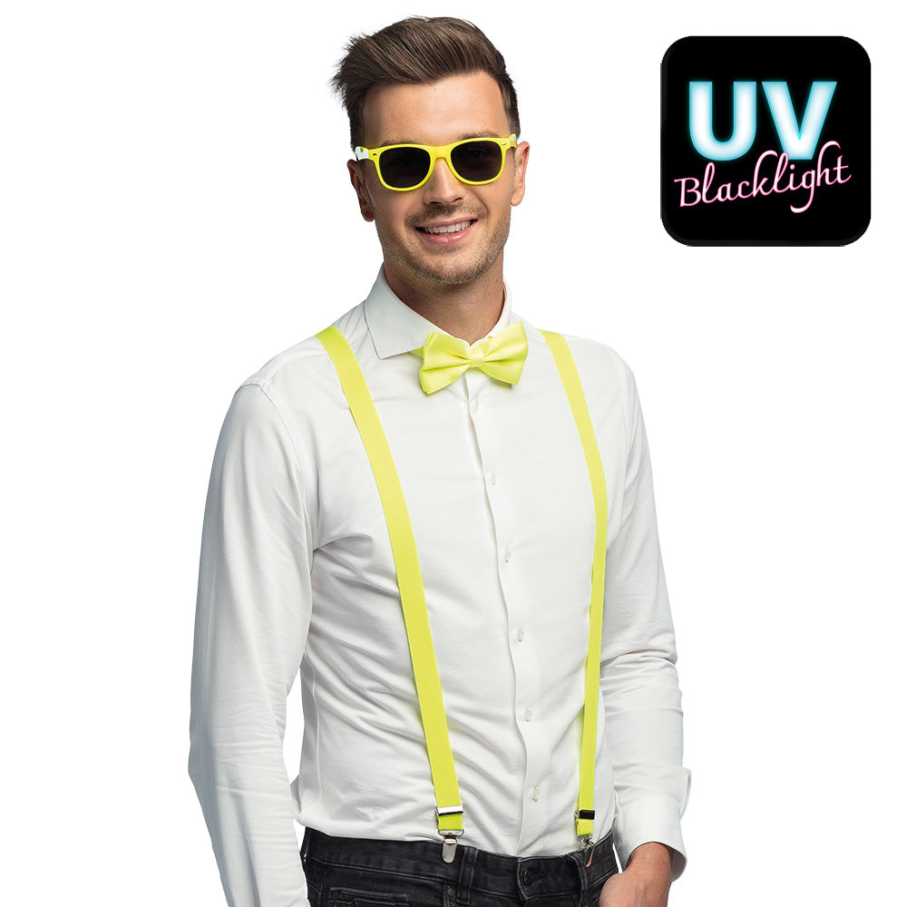 Set Accessoires Néon Jaune Lunettes Bretelles Nœud Papillon – Soirée Fluo & Déguisement