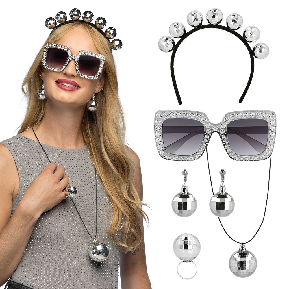 Set Accessoires Disco Femme Diadème Lunettes Collier Boucles Bague – Soirée Années 70