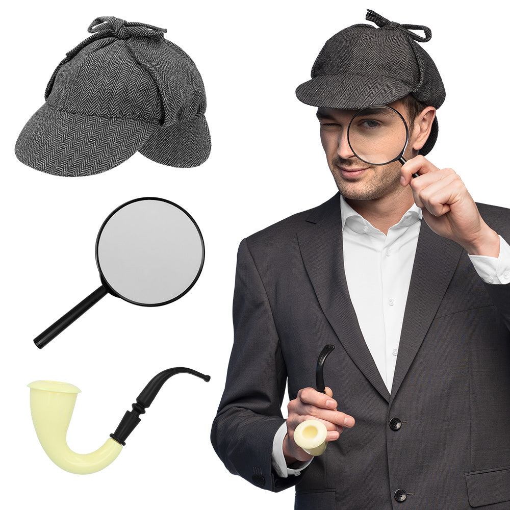 Detective costume set for adults featuring a hat, pipe, and magnifying glass, ideal for themed parties or role play.