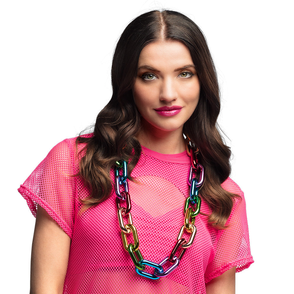 Rainbow link chain necklace for adults made of 100% ABS, colorful jewelry accessory displayed on card packaging.