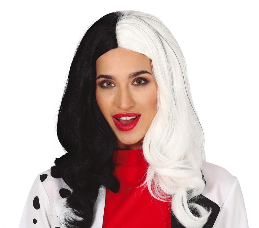 Perruque longue noire et blanche - Halloween - Femme
