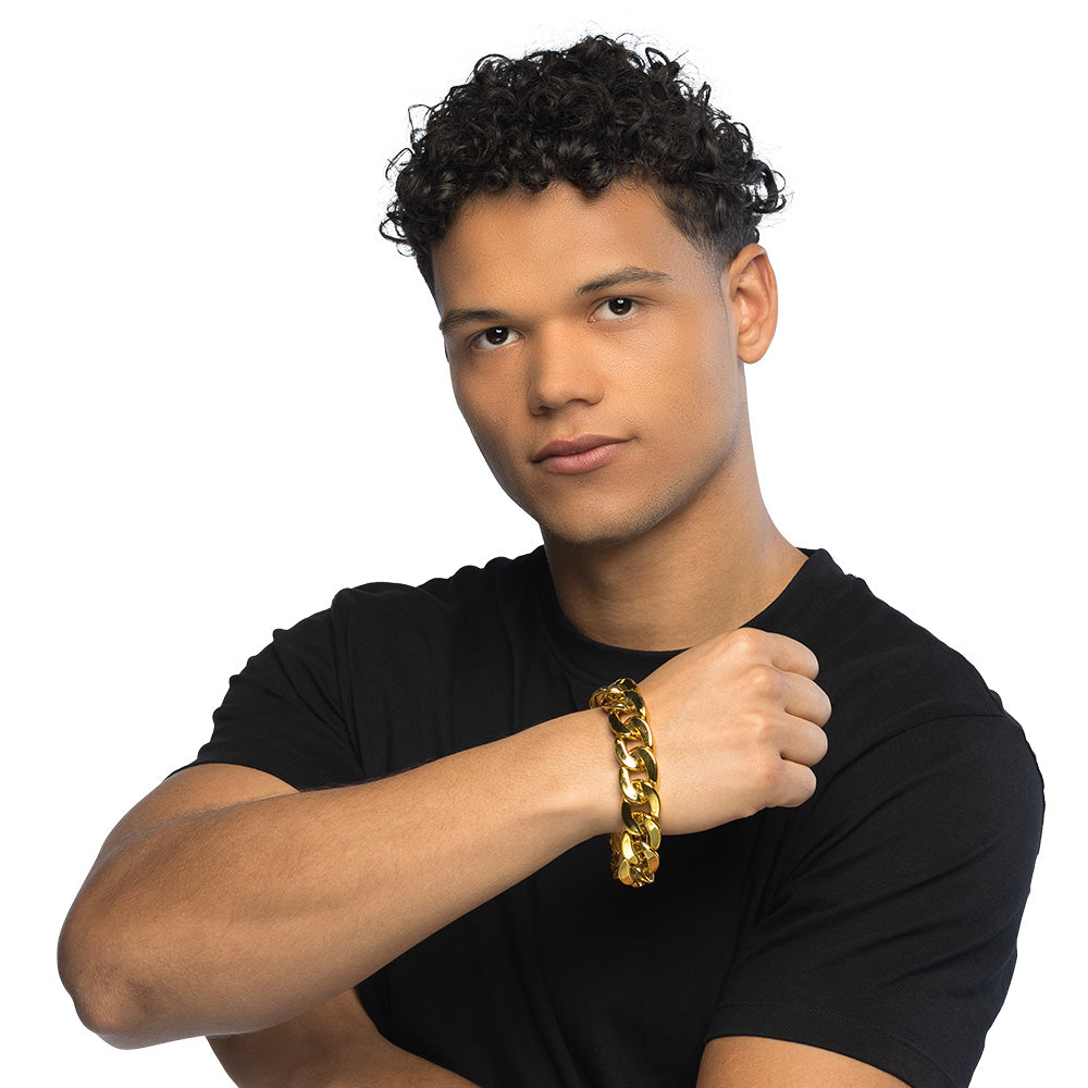 Gold men's bracelet made of 100% ABS, stylish jewelry accessory for adults, displayed with hangtag packaging.