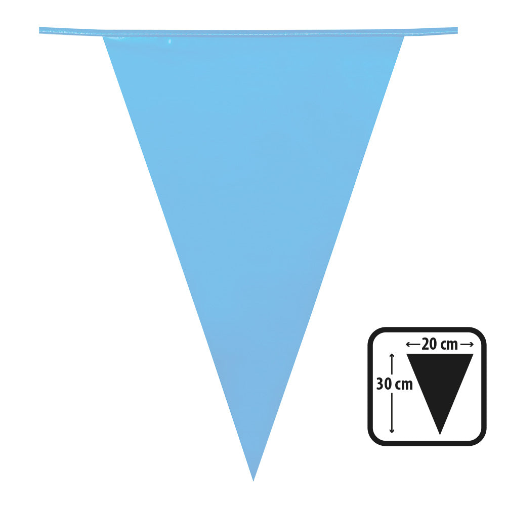 Light blue polyethylene pennant banner with 20 flags measuring 30 x 20 cm each, 10 meters long, ideal for baby showers, parties, and decorative events.