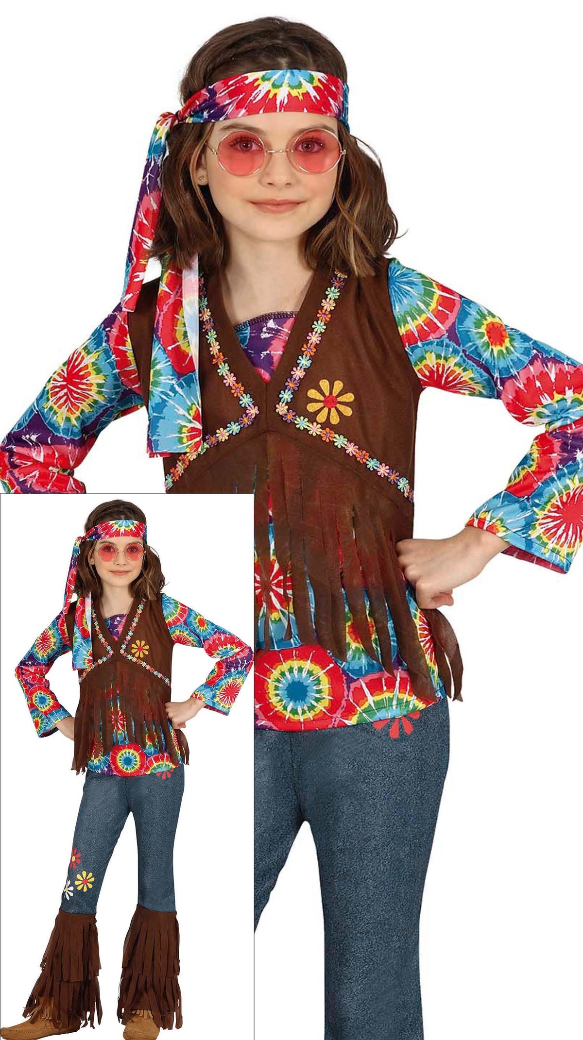 Colorful hippie costume for girls aged 5 to 6, made of polyester, ideal for 60s themed parties and dress-up events.