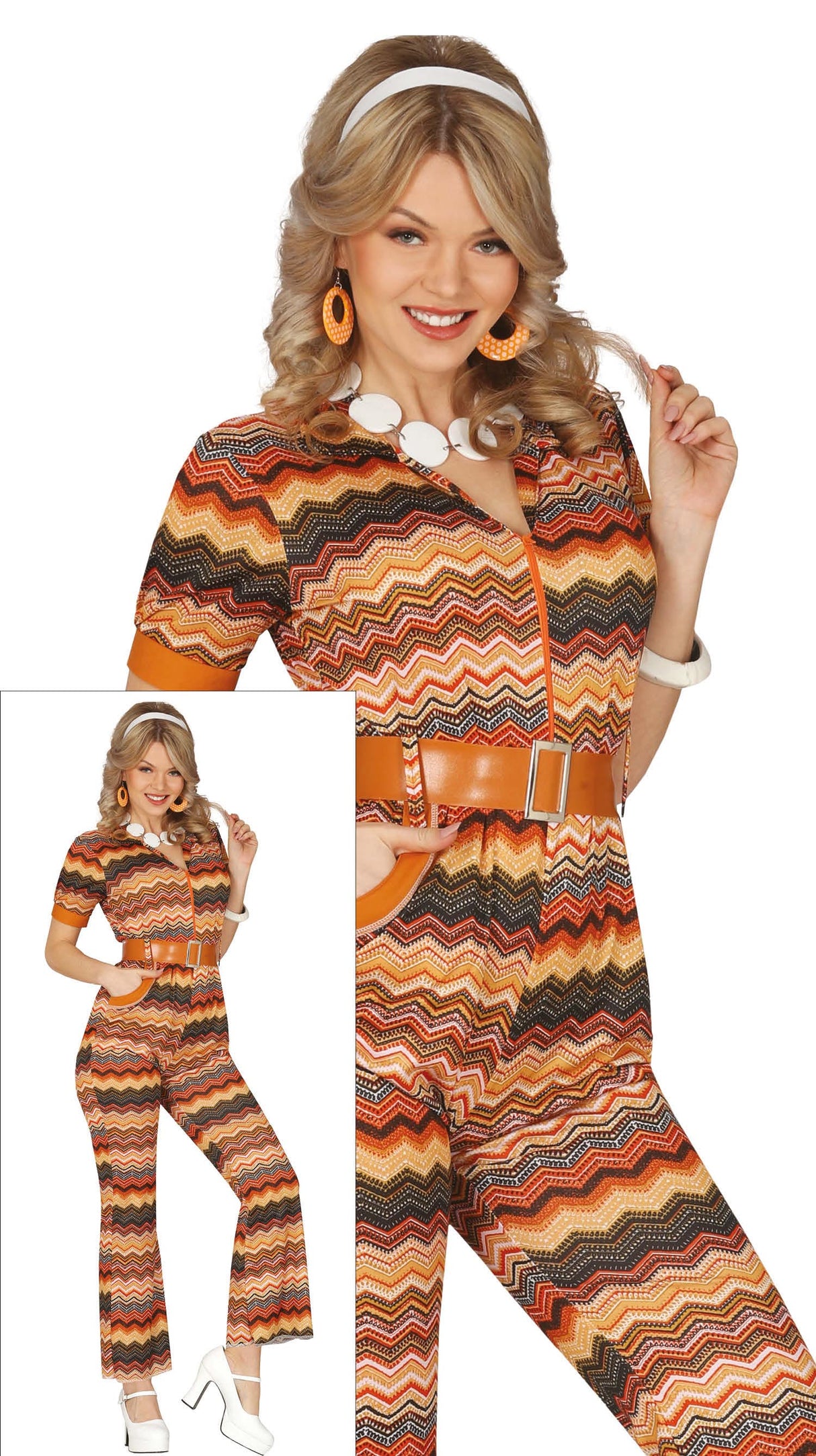 Adult women's 70s costume in brown polyester, retro disco outfit for parties and themed events.