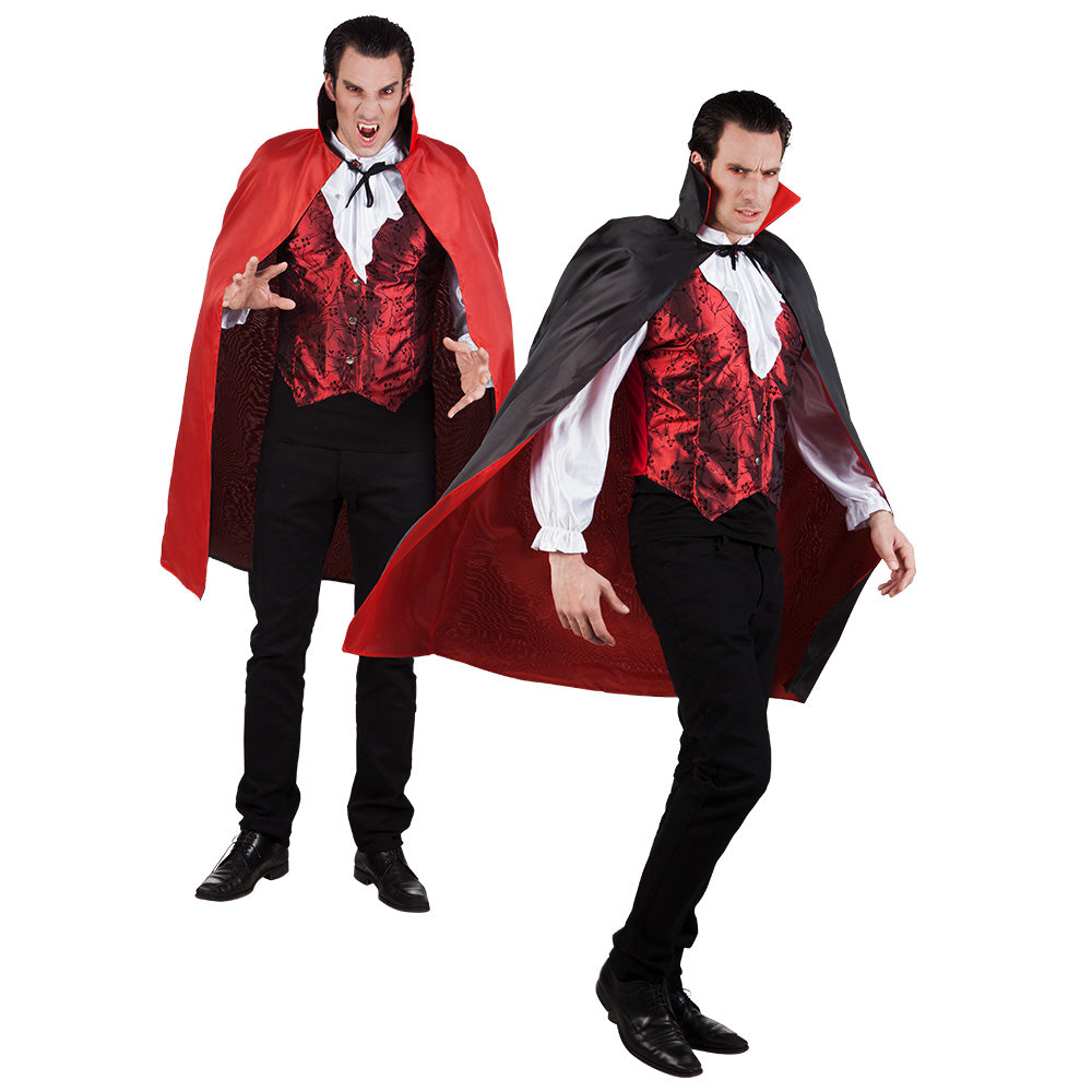 Reversible black and red Bloodlust cape for adults, 120 cm long, ideal for vampire costumes and Halloween, made from polyester and polyurethane.