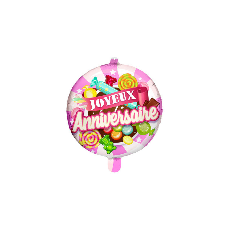 Ballon foil rond bonbon bleu – Joyeux Anniversaire – 45 cm – hélium/air