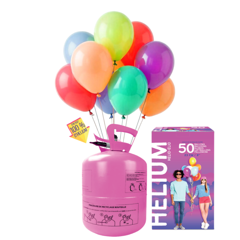 The image shows a helium gas bottle intended for inflating balloons, with clear labeling and a party-related design.