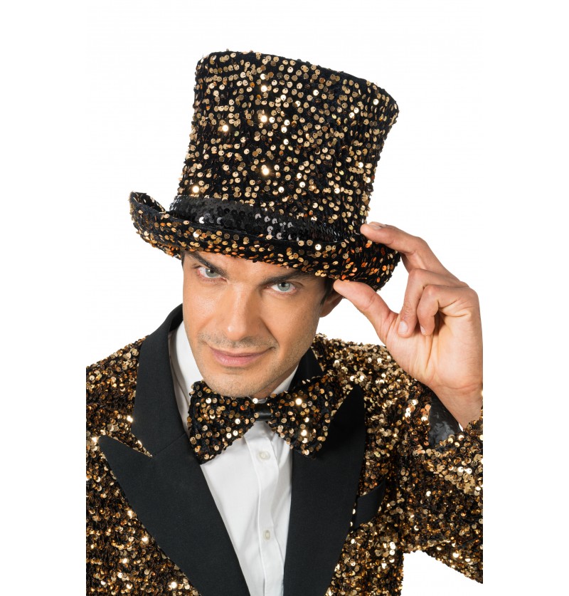 Chapeau haut de forme velours noir à sequins bronze – soirées et cabaret