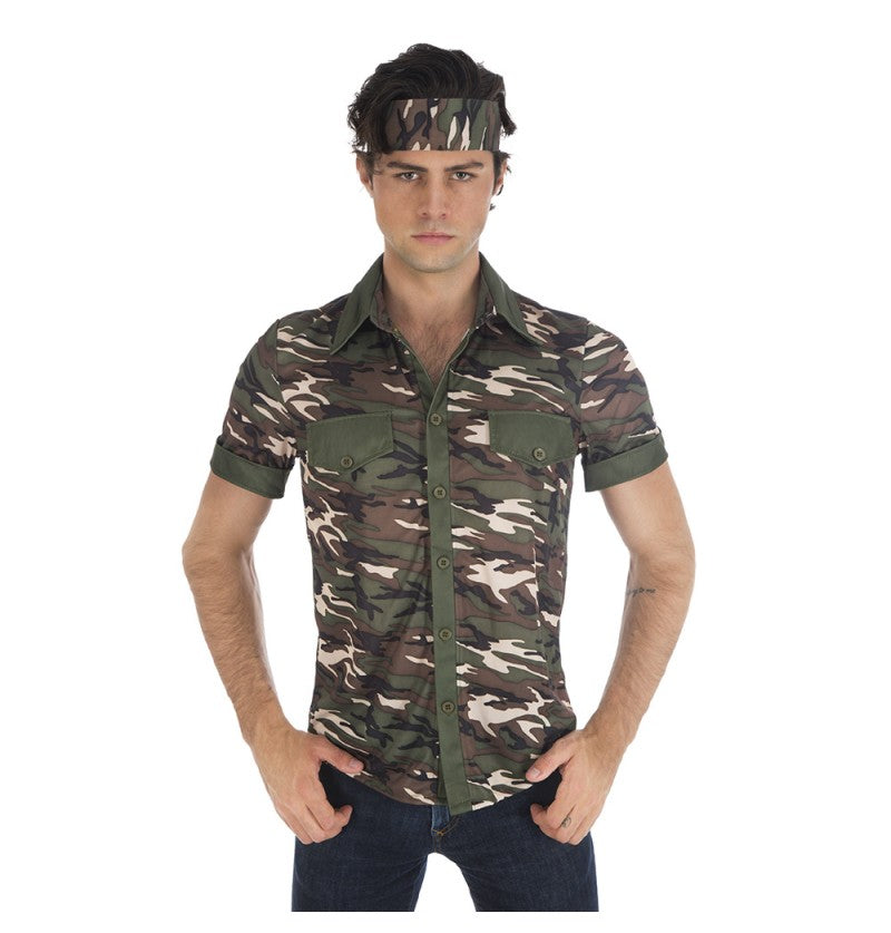 The image shows a military-themed costume shirt, likely intended for party or event use.