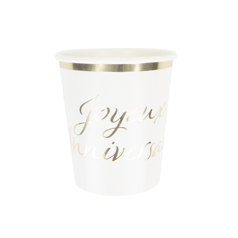 Gobelets 200ml jetables en papier imprimés "Joyeux Anniversaire" en doré, lot de 8, papier 300 g certifié FSC, parfaits pour fêtes d'anniversaire