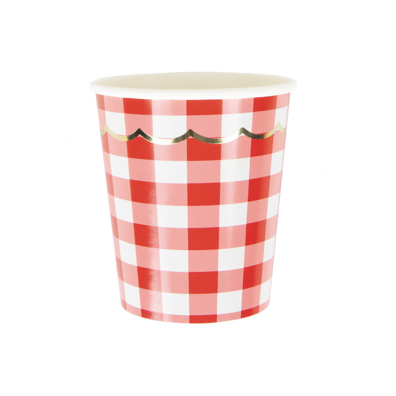 Gobelets festonnés 200 ml motif vichy blanc et or avec galon doré, en carton imperméable PLA compostable et biodégradable, lot de 8, style guinguette pour fêtes et vaisselle jetable écologique.