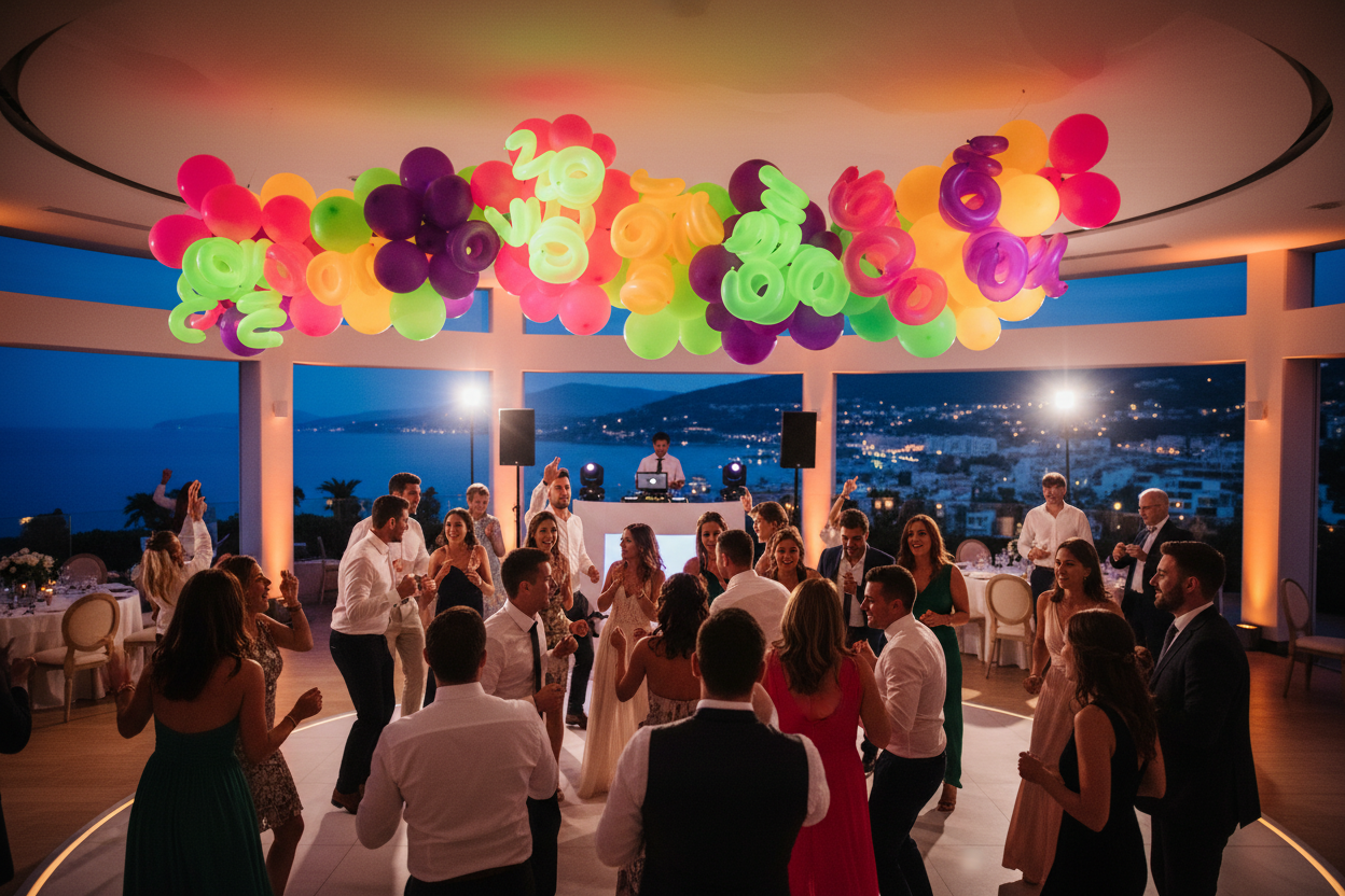 Guirlande de ballons colorés au-dessus d'une piste de danse de mariage