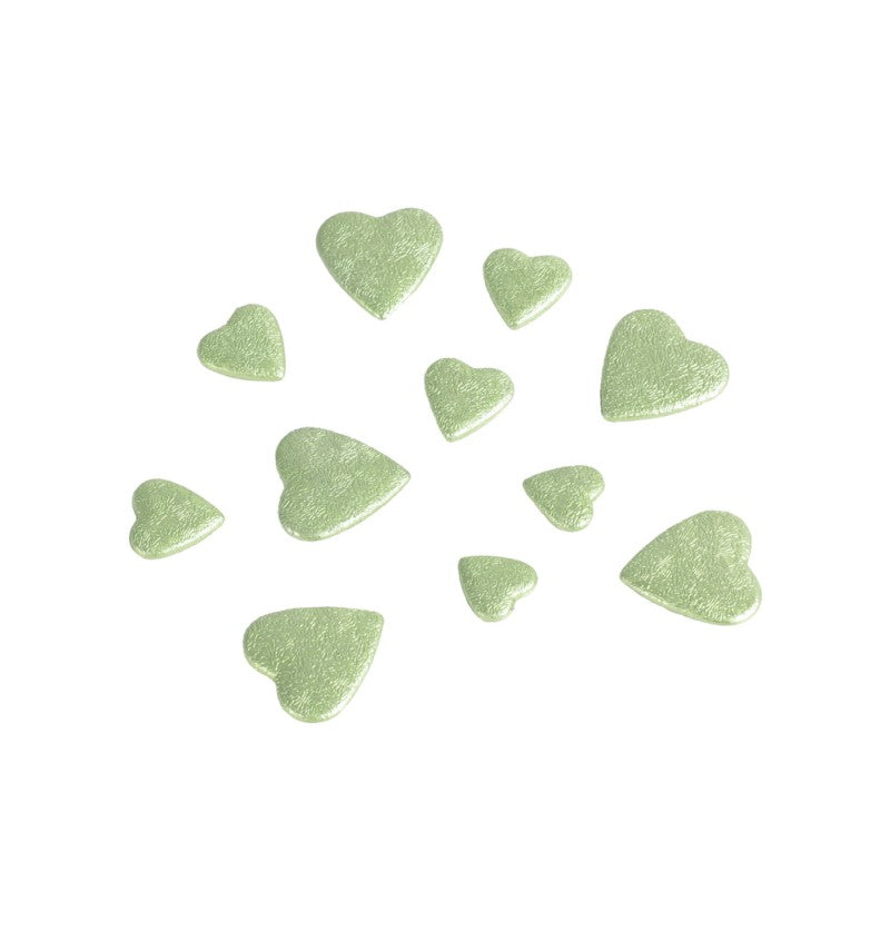 The image shows a sachet containing 3D heart-shaped decorations in sage green color, with sizes of 2 cm and 1.