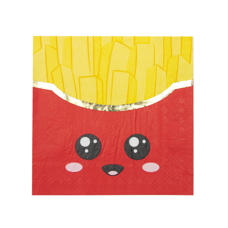Serviettes jetables 33x33cm motif junk food cornet de frites, lot de 16, design coloré pour anniversaires et fêtes d'enfants
