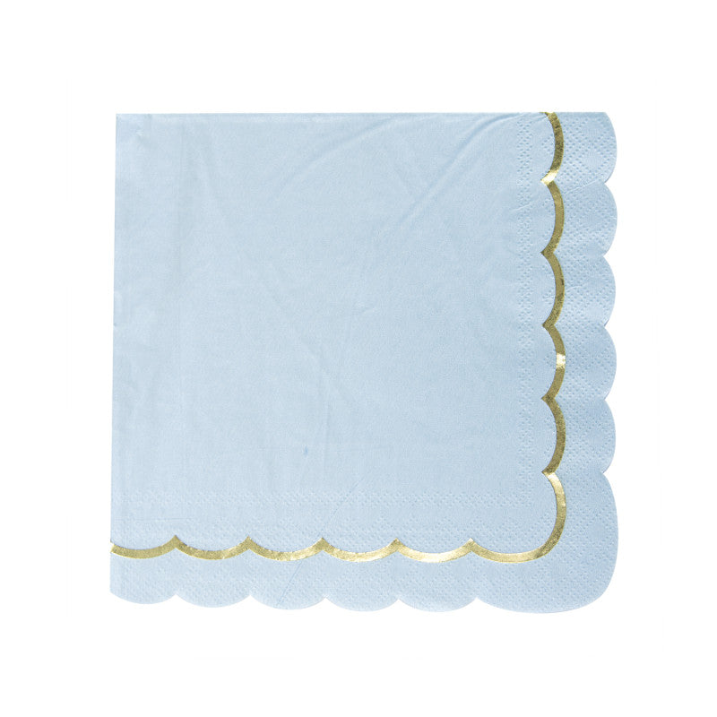 Serviettes festonnées bleu pastel à galon doré en papier FSC 33×33 cm, pack de 16 (18 g), idéales pour baby shower ou anniversaire