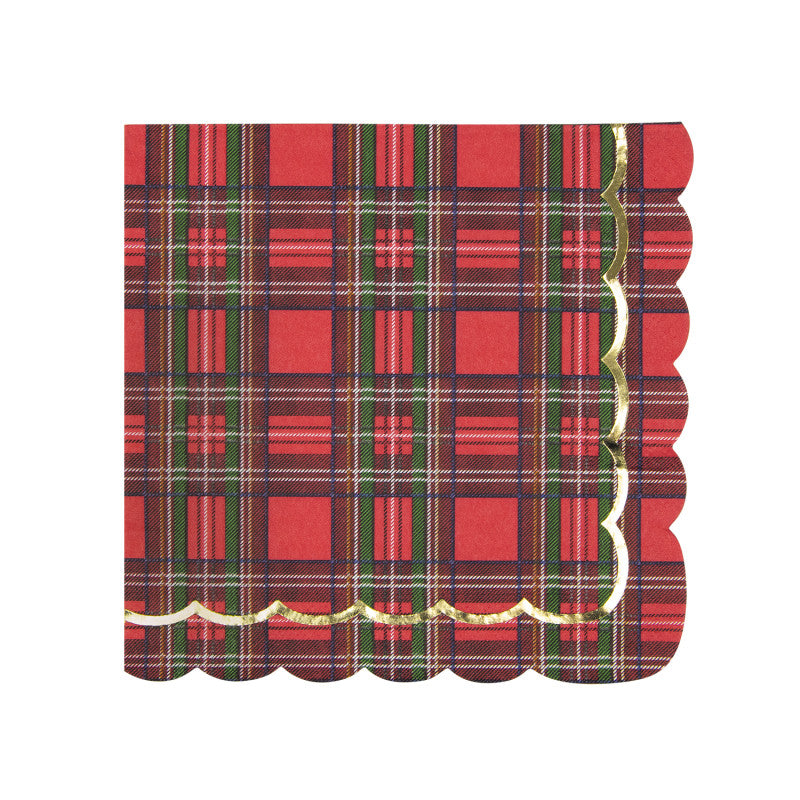Serviettes festonnées 33x33cm motif tartan avec galon doré, serviettes papier 18g lot de 16 pour table de Noël, design
