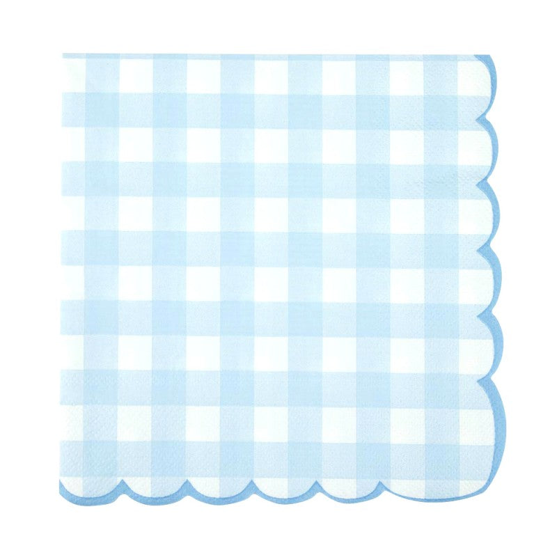 Serviettes en papier festonnées motif vichy bleu pâle 33x33 cm, lot de 16, 18 g, certifiées FSC, idéales pour baby shower et baptême pour décoration de table
