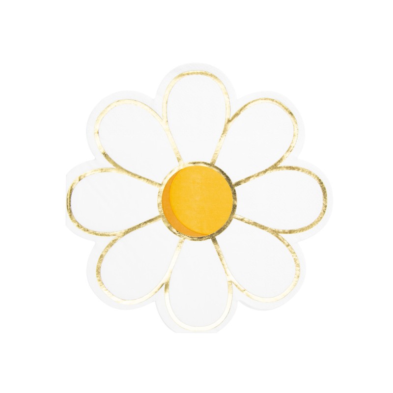 Pack of 16 marguerite-shaped paper napkins 32x32 cm with gold trim, FSC-certified daisy motif for Hippy Party, 70s or Easter table decoration