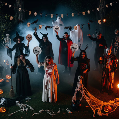 Décoration Halloween professionnelle chez Idéafête : squelette géant, statues et pièces animées pour restaurant, hôtel, villa et yacht