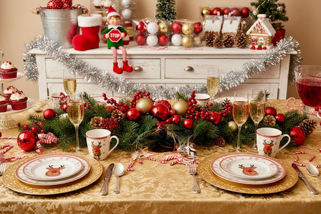 Table de Noël élégante sur la Côte d'Azur avec nappe dorée