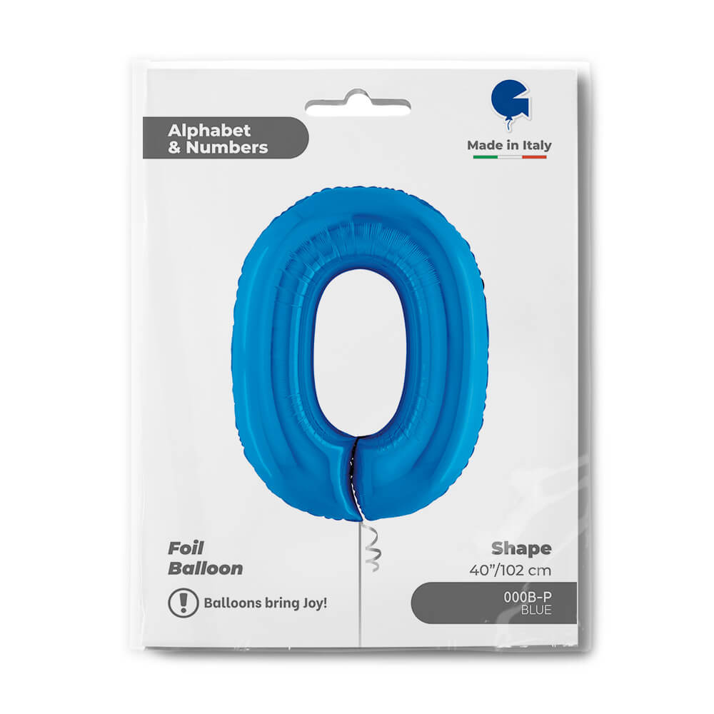 Ballon aluminium bleu en forme de zéro pour fêtes, 102 cm, Made in Italy