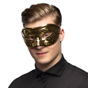 Masque doré mosaïque pour déguisement fête, idéal pour carnaval ou soirée masquée