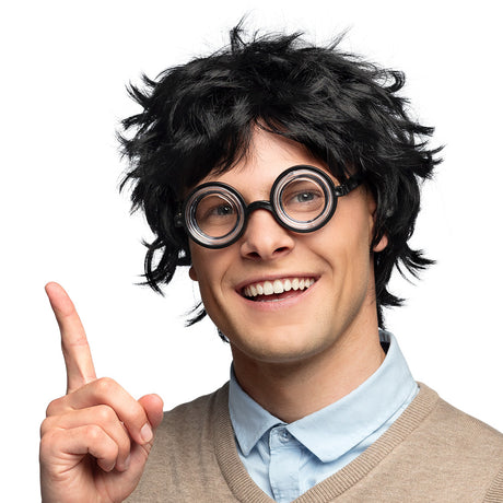 Black nerd party glasses for adults, unisex polystyrene and polypropylene frame, novelty eyewear accessory.