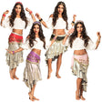 Belly dance accessory set for women featuring a headband, bracelets, and belt in assorted colors, ideal for adults, made of polyester, polystyrene, and iron, packaged in a box.