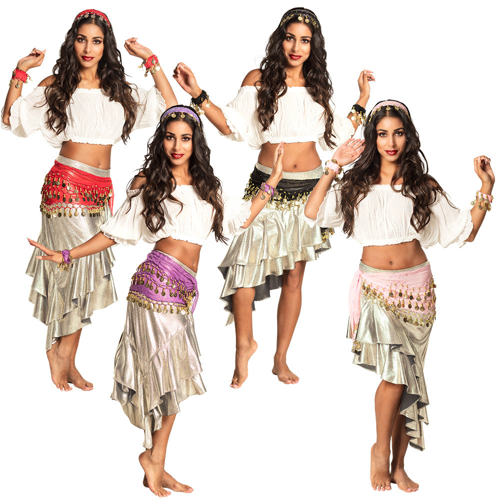 Belly dance accessory set for women featuring a headband, bracelets, and belt in assorted colors, ideal for adults, made of polyester, polystyrene, and iron, packaged in a box.