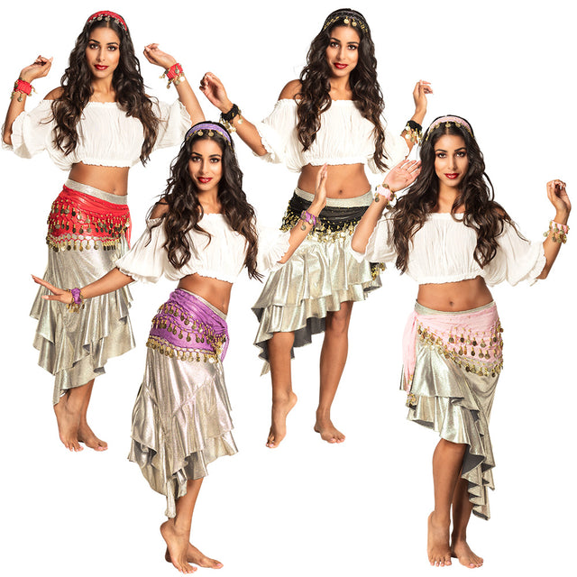 Belly dance accessory set for women featuring a headband, bracelets, and belt in assorted colors, ideal for adults, made of polyester, polystyrene, and iron, packaged in a box.