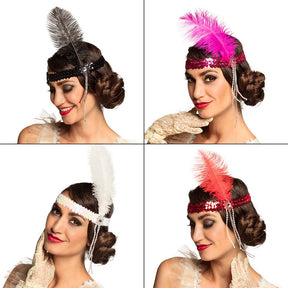 Women's 1920s flapper headband with ostrich feathers and elastic, available in assorted colors, perfect for adult vintage costume or Gatsby party accessory.
