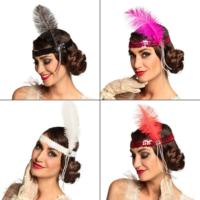 Women's 1920s flapper headband with ostrich feathers and elastic, available in assorted colors, perfect for adult vintage costume or Gatsby party accessory.
