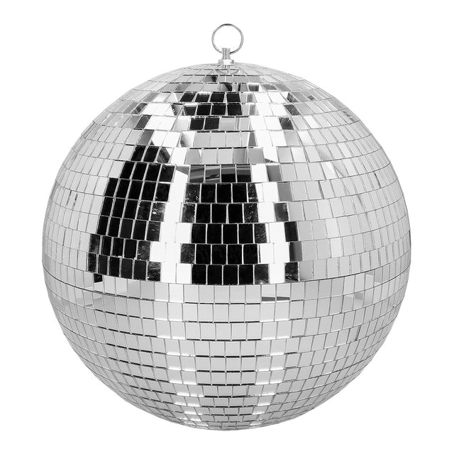 Large silver disco ball 30 cm diameter, 80s party decoration, reflective polystyrene mirror ball for dance floors and events.