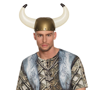 Viking helmet Gudrik for adults with detachable horns, made of polypropylene and polyethylene, displayed with hangtag packaging.