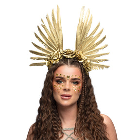Gold halo crown headpiece for women, featuring polyester, polystyrene, and chicken feathers, ideal for festivals and adult costume events.