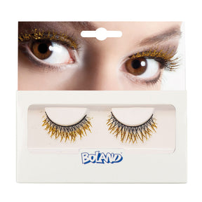 Pair of gold glitter false eyelashes for women, made of 100% polyester, packaged in a box, ideal for adults seeking glamorous eye makeup.