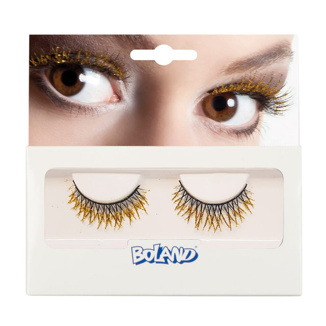Pair of gold glitter false eyelashes for women, made of 100% polyester, packaged in a box, ideal for adults seeking glamorous eye makeup.