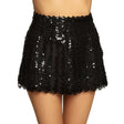 Black sequin mini skirt for women, made of polyester blend, displayed on hanger, available in medium and large sizes.