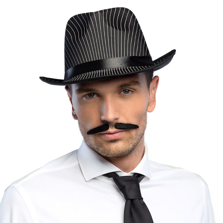 Black polyester gangster moustache costume accessory for men, 1920s flapper style, ideal for adult party or cosplay.