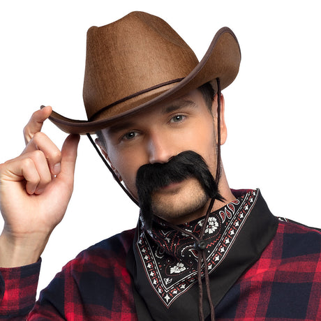 Fake black moustache accessory for men, Western costume prop made of 100% polyester, ideal for adult party or cosplay.