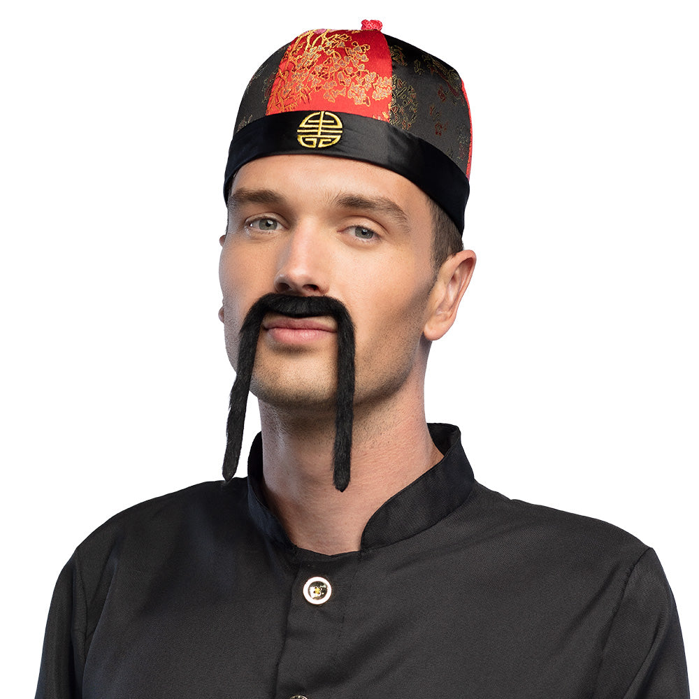 Chinese style fake mustache for men made of 100% polyester, adult costume accessory displayed on insert card packaging.